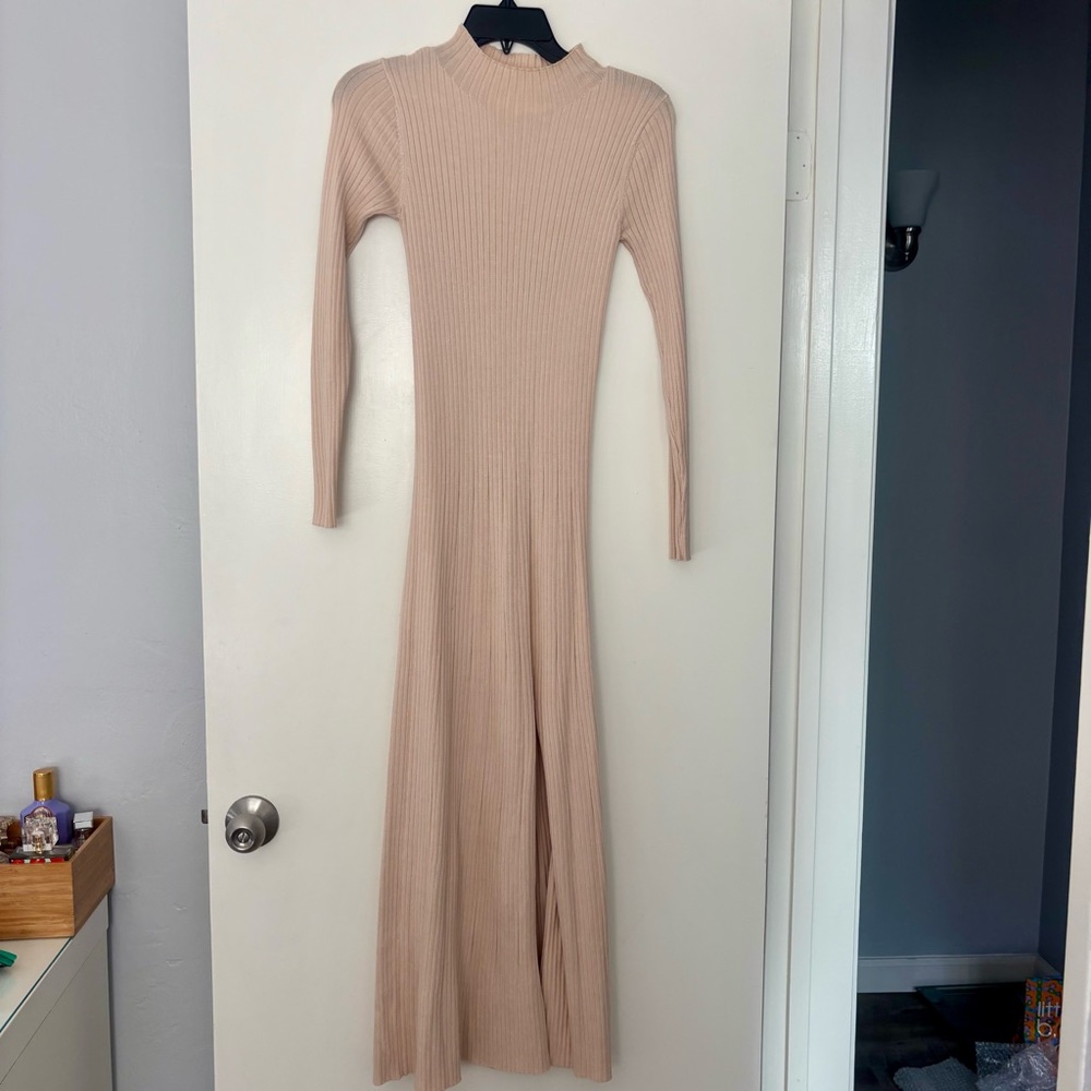 Astr Beige Long Sleeve Ribbed slit front Dress XS